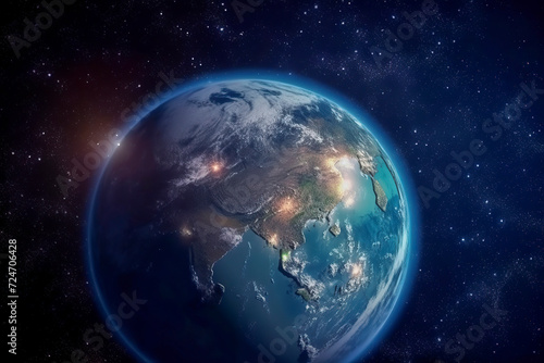 Earth from space, beautifully detailed and illuminated surface against a starry background, showcasing continents and oceans. ai generative © larrui