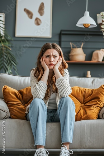 distraught woman sitting on sofa at home