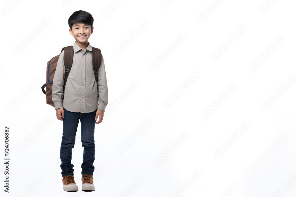 Asian chinese teenager boy with backpack over white background. Middle school smiling at camera Back to school. Copy space for advertising blank. Childhood, education, products for children