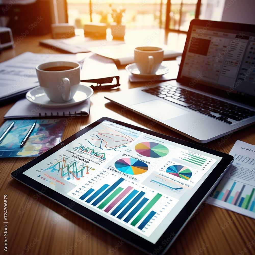 Financial graph on table, high angle and business group photo, with tablet phone and pen Financial graph on table, high angle and business group photo, with tablet phone and pen