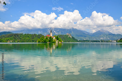 A church and castle on a beautiful island in the middle of the lake. Bled, Slovenia, popular tourist destination. 