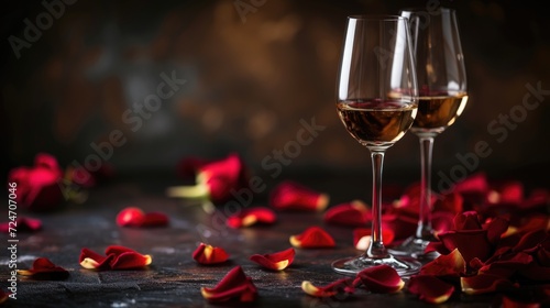 Romantic Wine Glasses and Rose Petals
