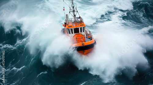 Navigating Treacherous Waters: Orange Boat on Rescue Mission