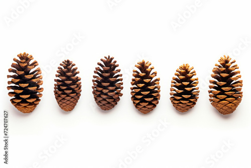 Row of pine cones lined up in row on white background.