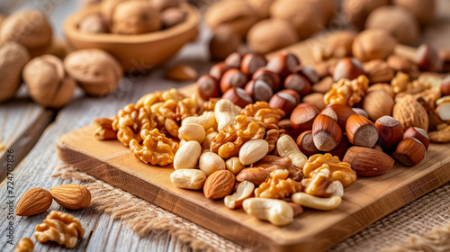 A variety of nuts including walnuts, almonds, and cashews displayed on a rustic wooden board. 