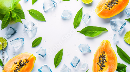 Top view of a fresh papaya slices, lime wedges, and green leaves surrounded by melting ice cubes on a wet white surface. Fresh and cool theme.