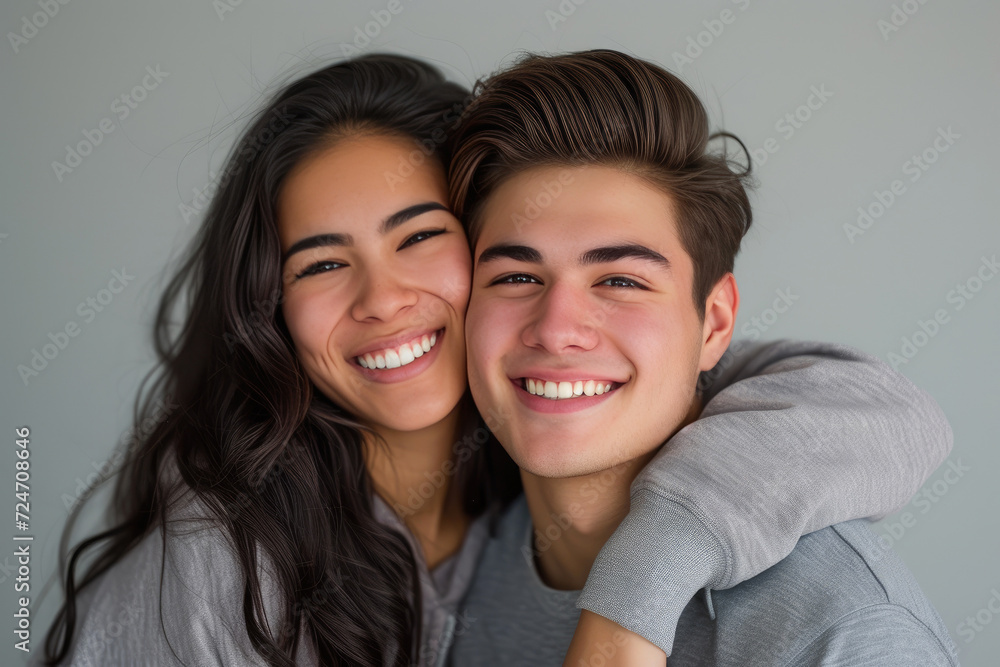 Simple Elegance: Beaming Couple, Neutral Background Simple Elegance: Beaming Couple, Neutral Background
