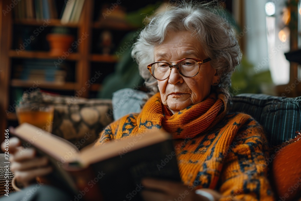 Elderly lady enjoying a beverage while reading at her residence. Elderly lady enjoying a beverage while reading at her residence.
