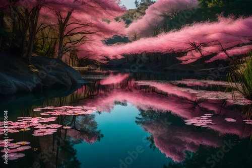 Describe a tranquil pond: pink aqua hues, rippling surface, flower shadows, and sunlight's transparent dance