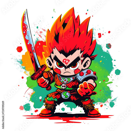 chibi warrior man brandishing a sword in anime style. Warrior Monster game character design image.