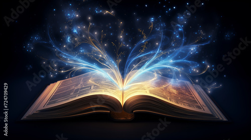 Magic book on dark background. Magic book with sparkling light