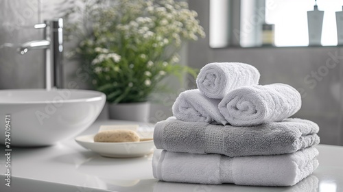 Pile of towels on a pristine table in a luxurious bathroom setting.