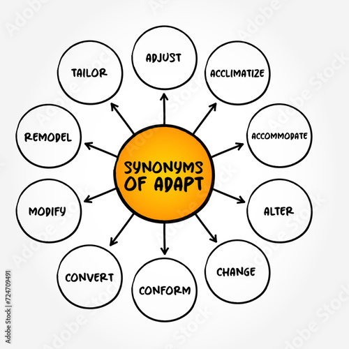 Synonyms of Adapt - become adjusted to new conditions, mind map text concept background