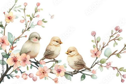 Pastel Birds and Spring Flowers Watercolor. A serene watercolor scene with pastel birds and springtime flower blooms. © Oksana Smyshliaeva