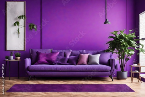 an AI image of a lively purple-themed room showcasing a stylish sofa  vibrant pillow  and decorative plant set against a modern and trendy wall backdrop