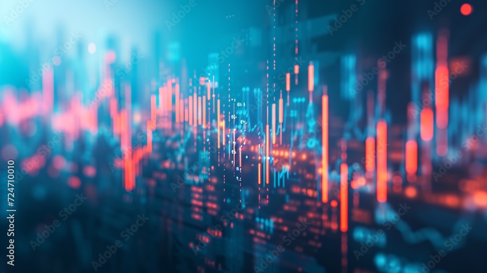 Graph and candlestick chart depicting stock market or currency trading, ideal for financial investment concept. Background showcasing economic patterns for business ideas and artistic designs.