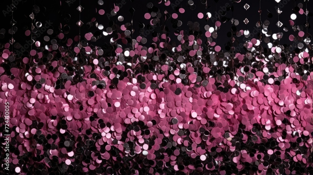 Obraz premium Glittering Pink and Black Confetti. Sparkling pink and black confetti scattered on a dark surface.