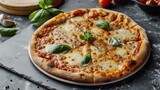 Classic Margherita Pizza on Slate Gray Surface. Traditional Margherita pizza with fresh basil on a cool, slate gray background.