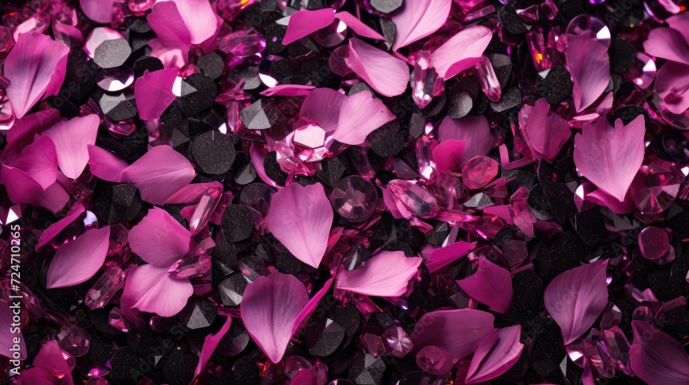 Pink Petals and Crystals on Black. Pink flower petals and sparkling crystals on a black backdrop.
