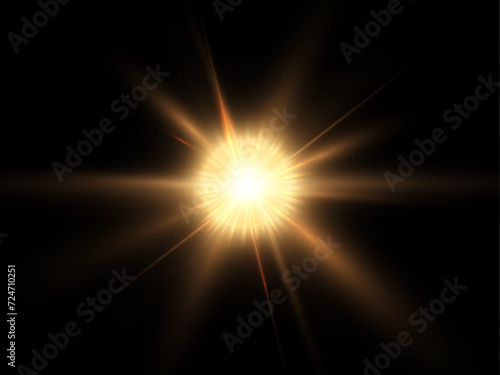 Glowing light explodes, light flash golden color. Beam of the shining sun. Special glare light effect. Bright flash.