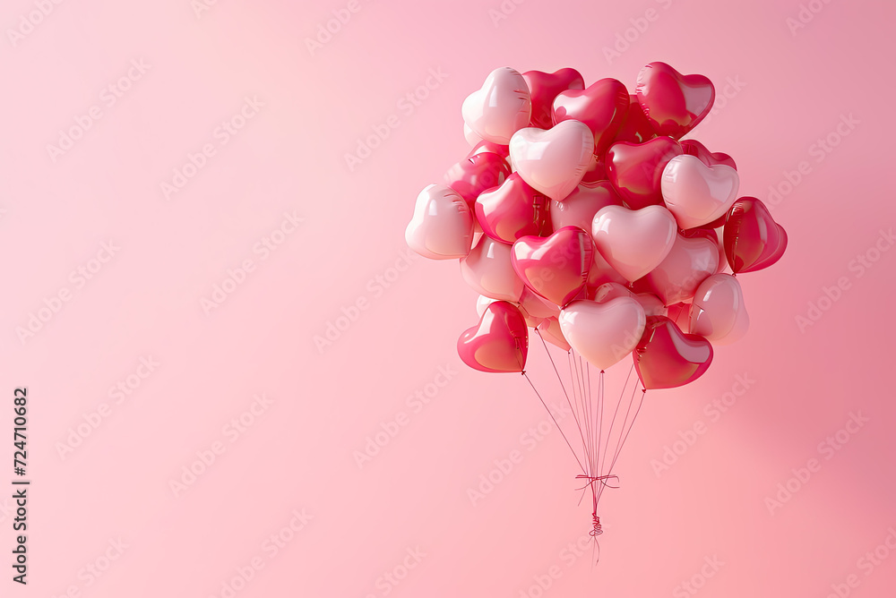 Pink heart shape balloons isolated on pink background. Place for text