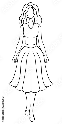 A girl parades in a fluffy sleeveless evening dress. Sketch. Vector illustration. A woman in a floor-length sundress, a belt and a full skirt with pleats. Lady with wavy hair. Doodle style. 