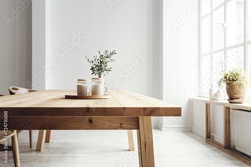 wooden table empty with a hazy image of a Scandinavian living room