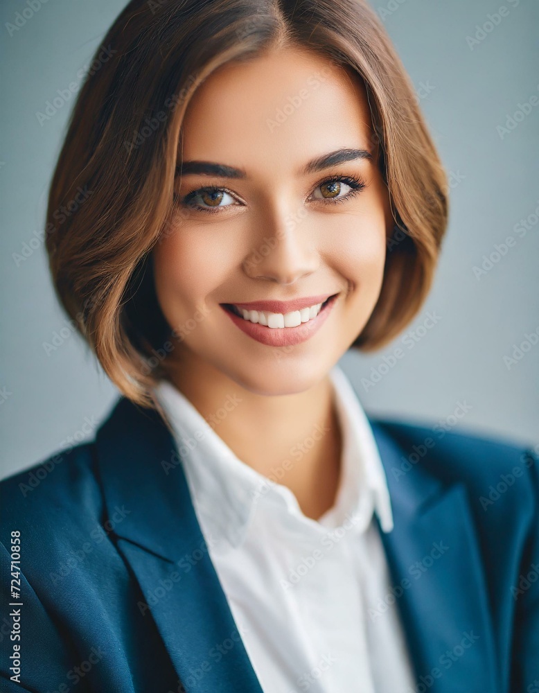 Portrait of attractive female model with short hair wearing in business suit, outdoor