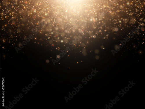 Abstract magical light dust effect with golden bokeh highlights on a black background. Christmas lights. Glowing flying dust. Vector illustration