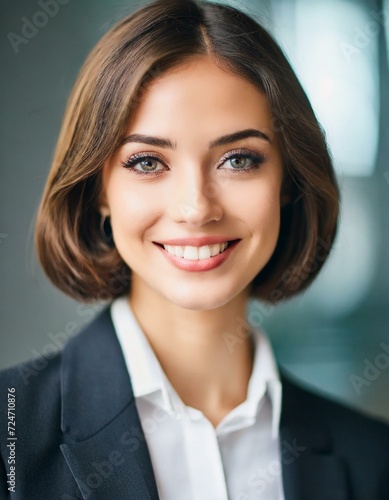 Portrait of attractive female model with short hair wearing in business suit, outdoor