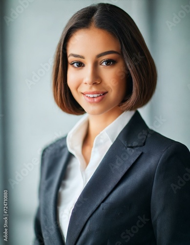 Portrait of attractive female model with short hair wearing in business suit, outdoor