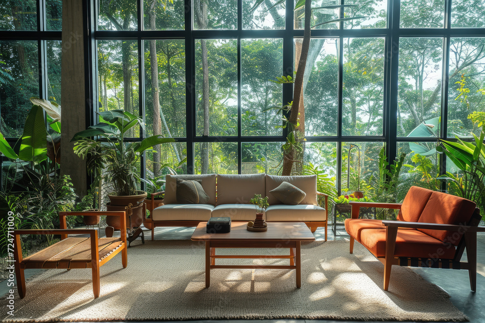 Mid-century living room in a loft home, offering a serene forest view and stylish comfort. Ideal for those valuing sophistication and sustainable living.