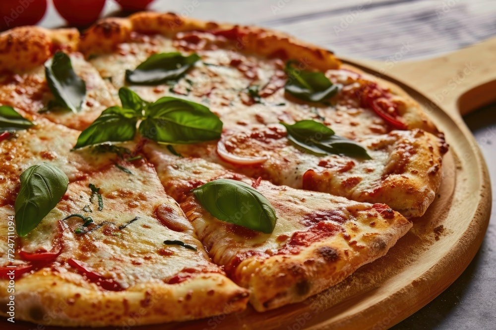 Fresh Margherita Pizza on Dark Wooden Table. A freshly baked Margherita pizza with vibrant basil leaves on a rustic dark wooden background.