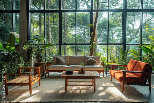 Mid-century living room in a loft home, offering a serene forest view and stylish comfort. Ideal for those valuing sophistication and sustainable living.