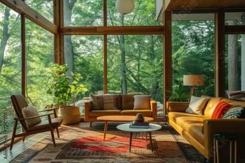 Embrace the warmth of this mid-century living room design  featuring a cozy atmosphere with stylish decor and inviting forest views. A perfect mix of luxury and tranquility.