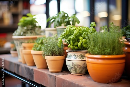 ceramic pots containing a variety of fresh herbs