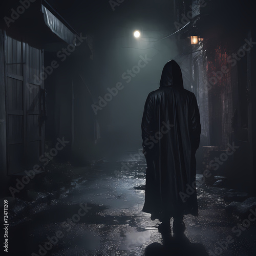 Mysterious hooded figure in a dark alley. 