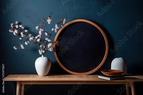 Dark blue wall with picture frame and a simple round vase with a beautiful twig. mock up of winter
