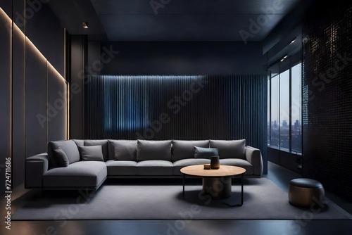 a narrative around a cutting-edge AI-designed living space, where a contemporary modular sofa seamlessly complements a slate gray solid color pattern wall