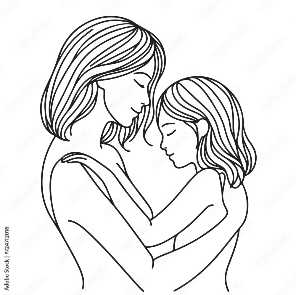 Line drawing of mother is hugging her daughter. Black and white Line drawing of mother is hugging her daughter. Black and white