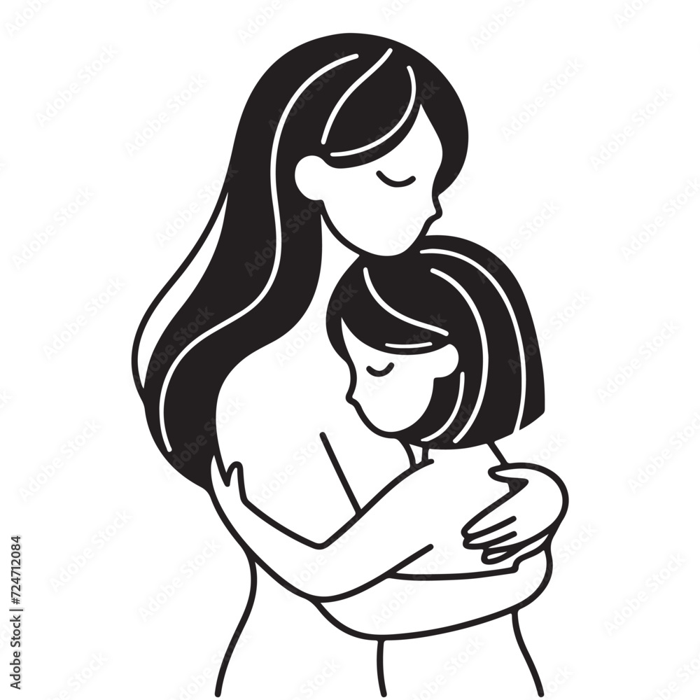 Line drawing of mother is hugging her daughter. Black and white