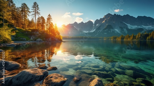 Impressive summer sunrise on Eibsee lake with Zugspitze mountain range. Sunny outdoor scene in German Alps, Bavaria, Germany, Europe. Beauty of nature #724712232