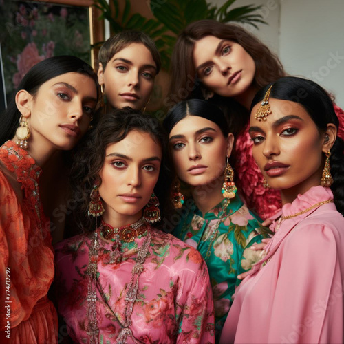 Modern editorial beauty shoot with 8 women, modern take on south Asian inspired makeup, edgy vogue aesthetic, new age, pop of color; wearing Seed Bead Earrings