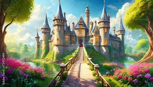 grand and enchanting game art castle straight out of a fairy tale complete with towering turrets a drawbridge and a sprawling garden photo