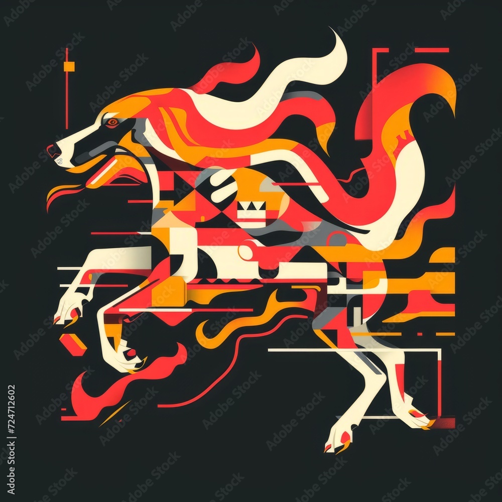 T-shirt design featuring representation of a flaming racing dog