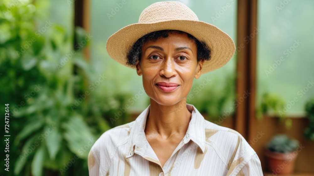 Joyful woman, diverse in skin tone, wearing gardener clothes and smiling at the camera with a garden backdrop.