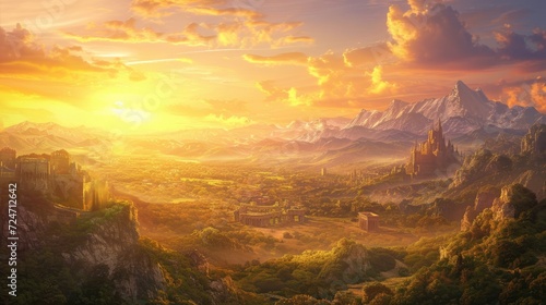 Fantasy landscape with mountains at sunset. 3d illustration © MrHamster