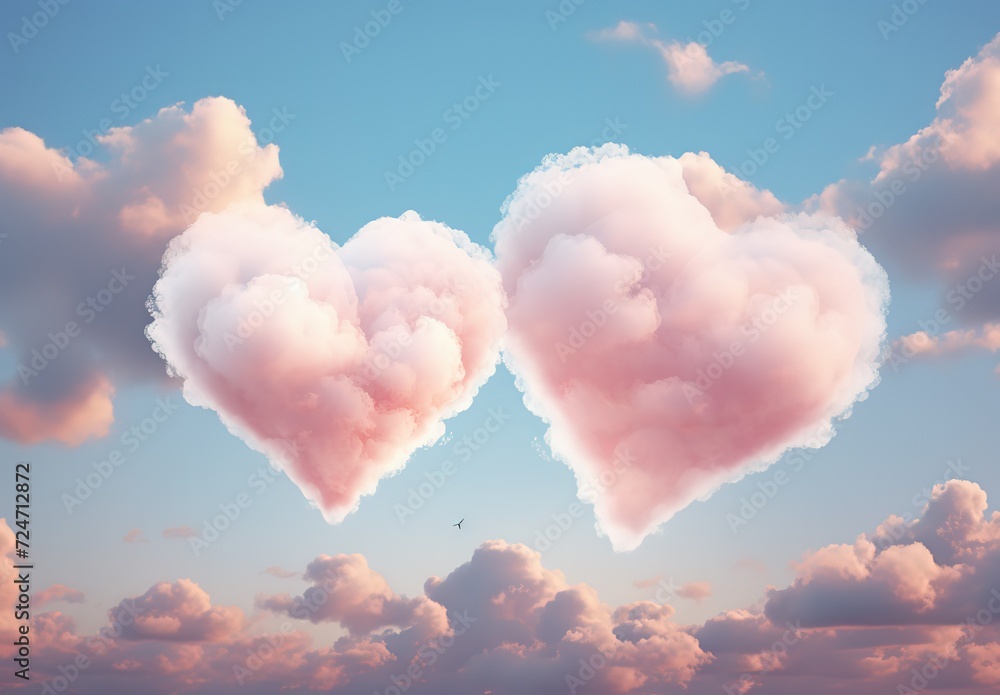 Two heart shaped clouds in the sky. light pink,