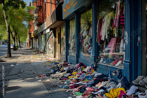 A mountain of clothes spills out into the street from stores. Overconsumption problem concept