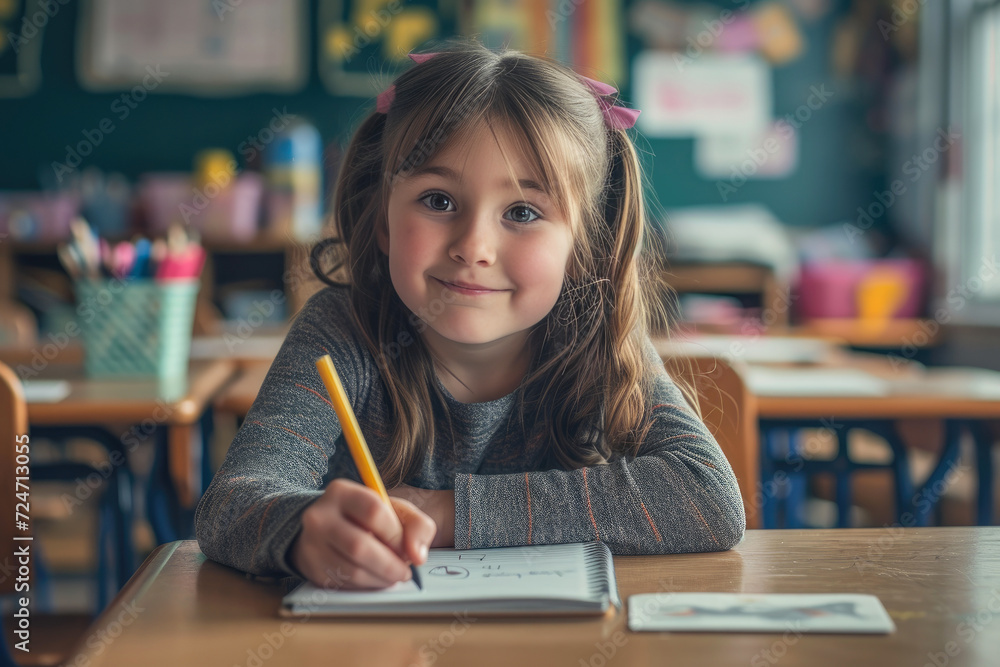 Elementary School Girl Bending to Capture Thoughts on Paper Elementary School Girl Bending to Capture Thoughts on Paper